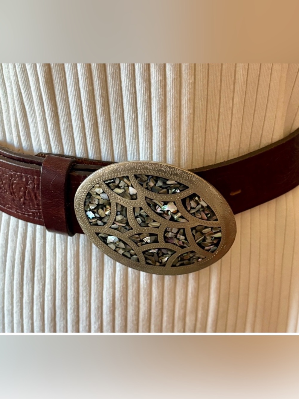 Vintage Leather Belt Abalone Inlay Silver Tone Ornate Buckle 36”